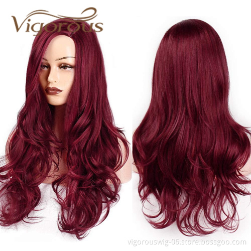 Vigorous Wholesale Cheap Side Part Burgundy Heat Resistant Fiber Body Wave Machine Made For Black Women Synthetic Hair Wigs